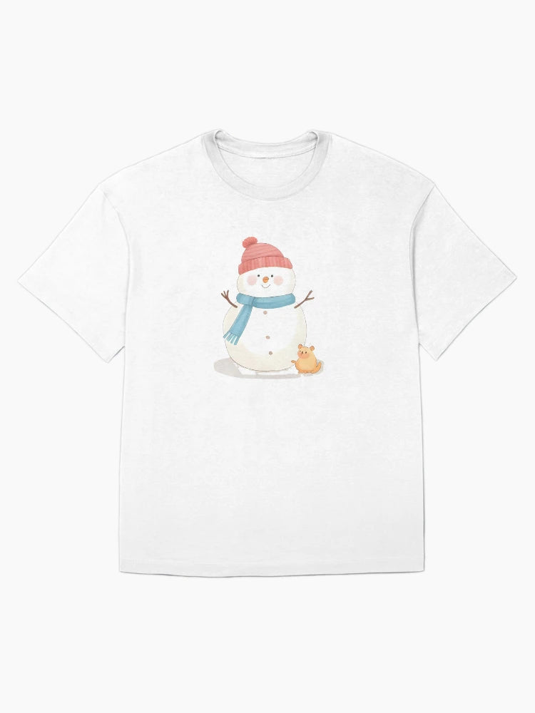 A friendly snowman with a tiny bird on its head and a mouse near its feet, warm smile, winter sticker design, soft pastel colors, white border, transparent background
