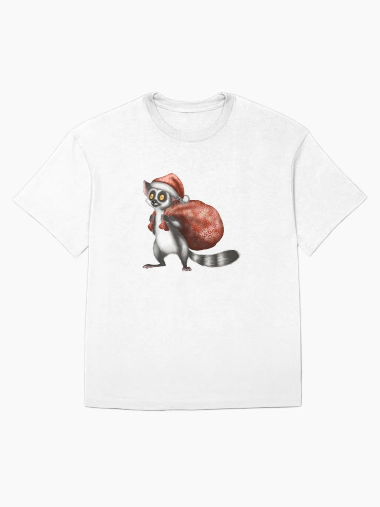 Lemur in a Santa hat carrying a festive bag with holiday decorations during a joyful celebration