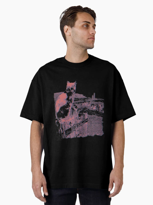 3D Red and Blue Cat Scene | Cat On Fence Post In Country