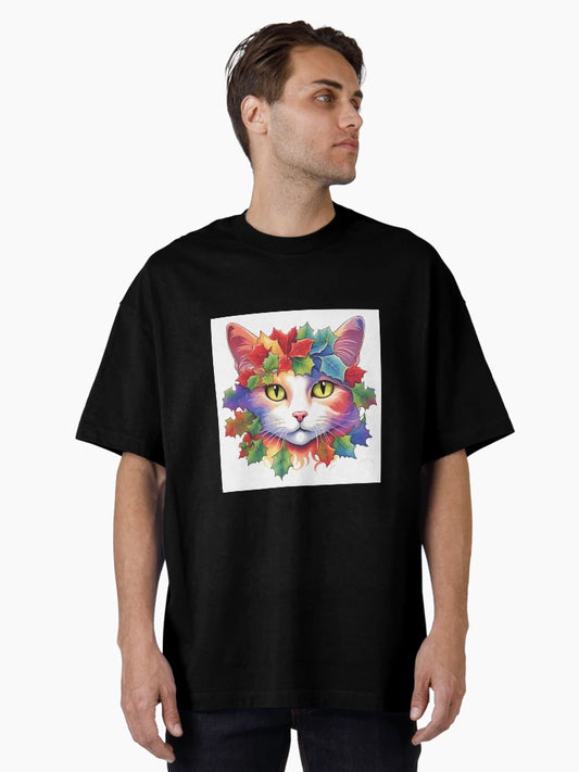 Festive Cat with Rainbow Painted Holly Leaves