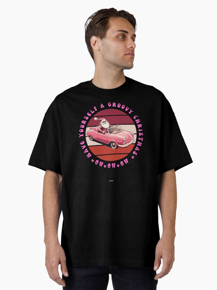 HAVE A GROOVY CHRISTMAS  RETRO VINTAGE SANTA CLAUS IN PINK CONVERTIBLE Mid journey Ai Art