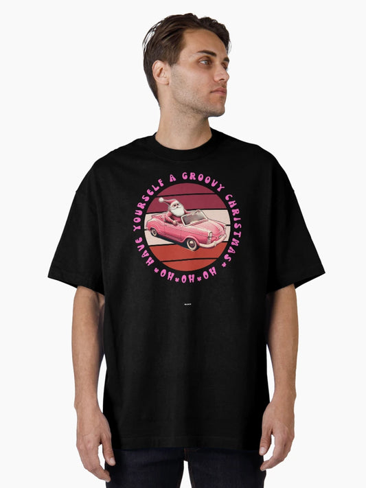 HAVE A GROOVY CHRISTMAS  RETRO VINTAGE SANTA CLAUS IN PINK CONVERTIBLE Mid journey Ai Art