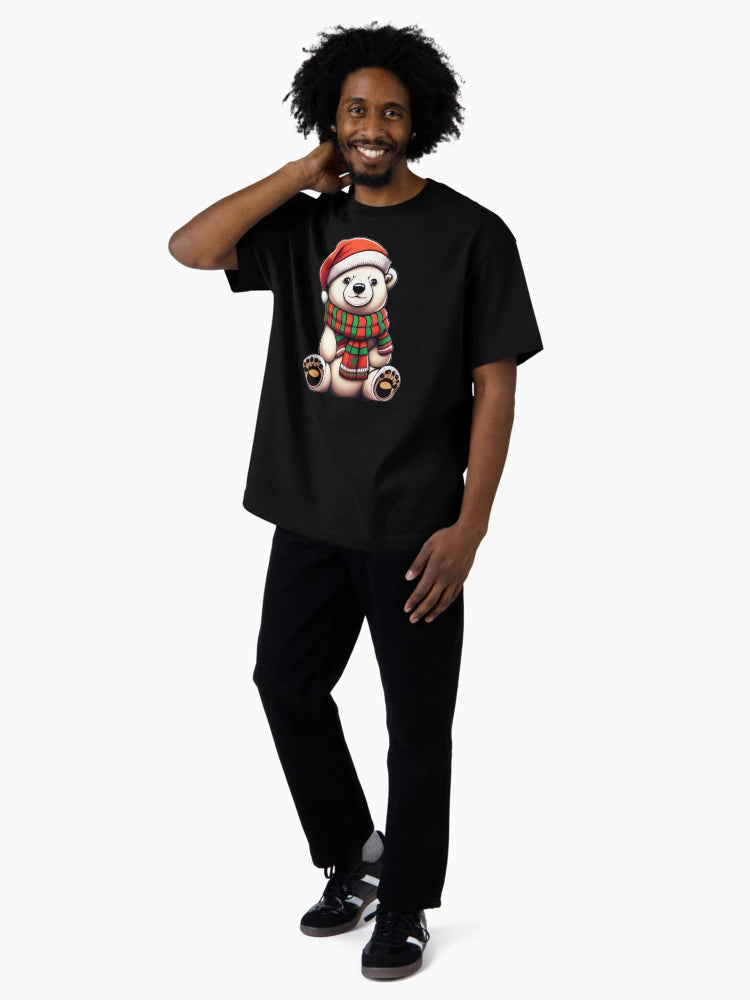 A cute polar bear wearing a Santa hat and scarf