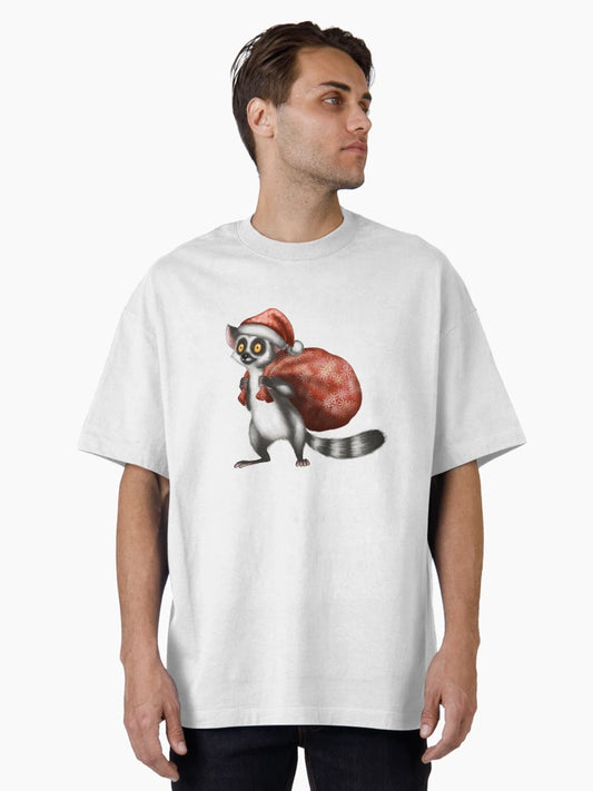Lemur in a Santa hat carrying a festive bag with holiday decorations during a joyful celebration
