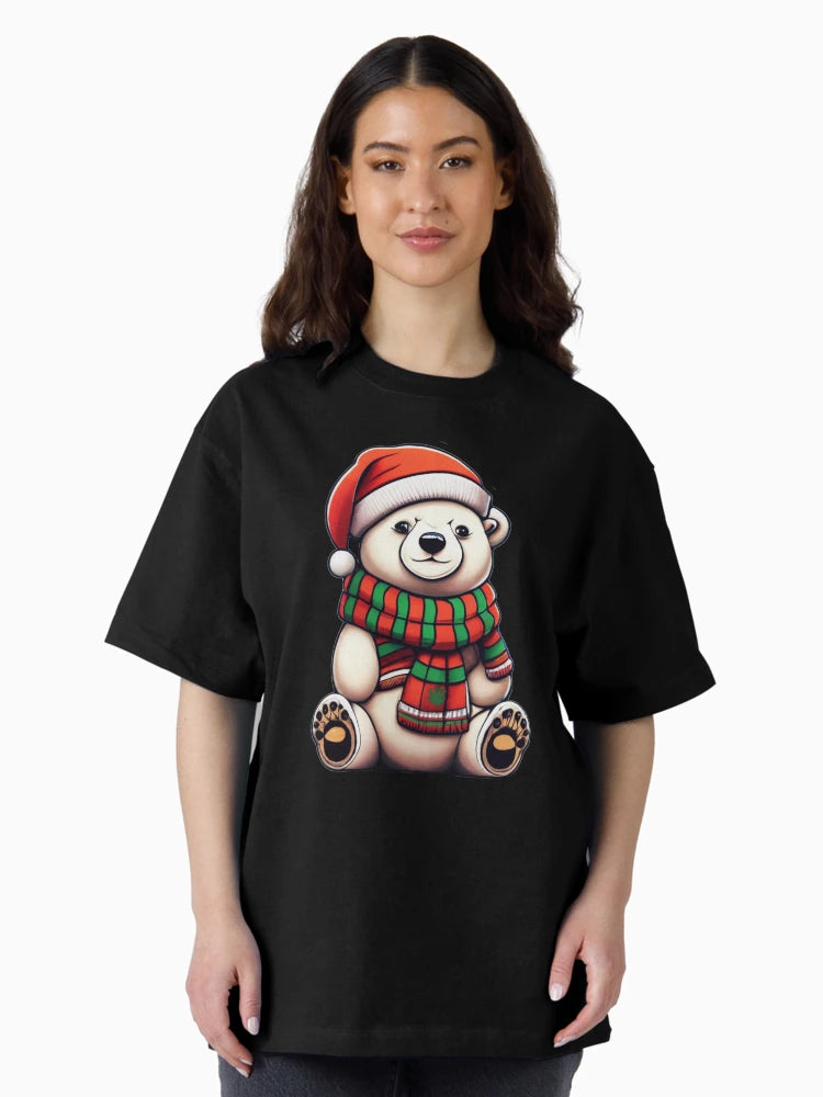 A cute polar bear wearing a Santa hat and scarf