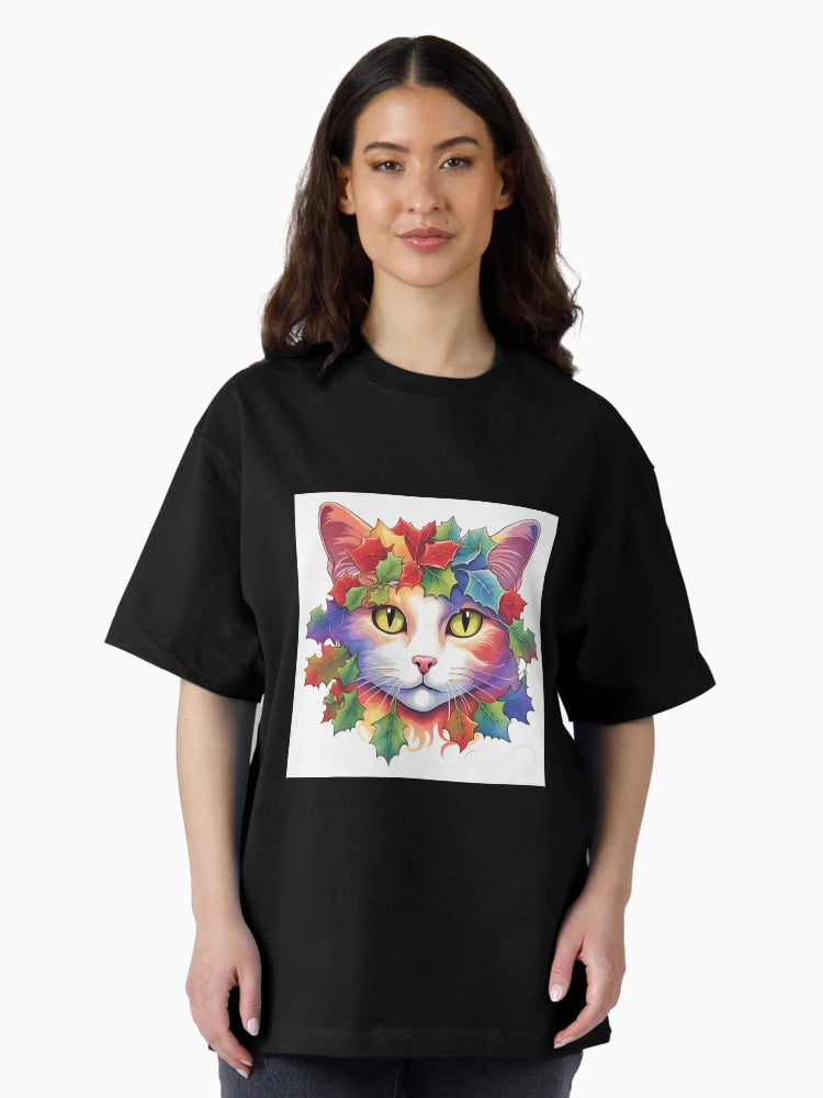 Festive Cat with Rainbow Painted Holly Leaves