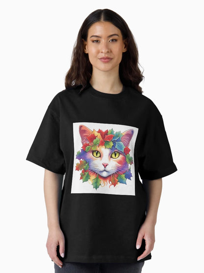 Festive Cat with Rainbow Painted Holly Leaves