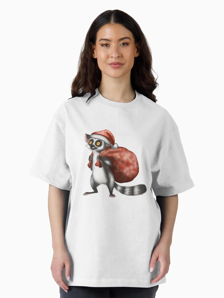 Lemur in a Santa hat carrying a festive bag with holiday decorations during a joyful celebration