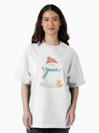A friendly snowman with a tiny bird on its head and a mouse near its feet, warm smile, winter sticker design, soft pastel colors, white border, transparent background