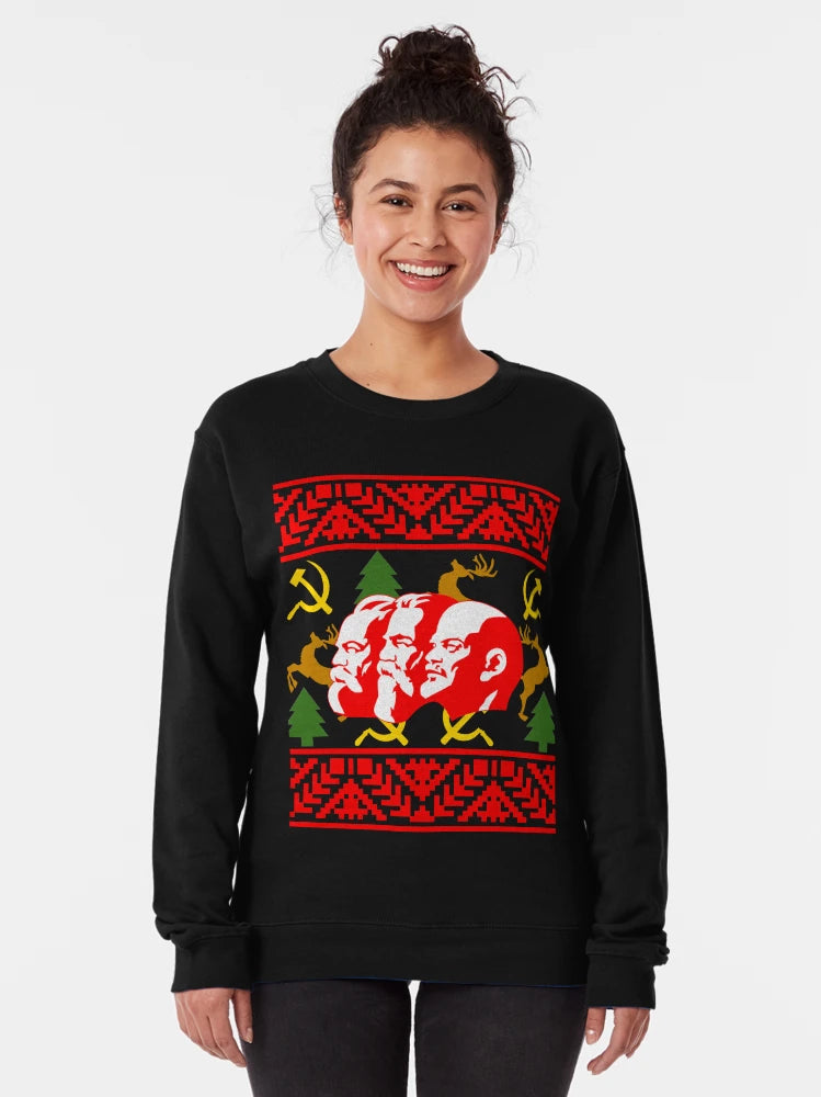 A Communist Ugly Christmas Sweater Featering Marx, Lenin, and Engels Funny Christmas