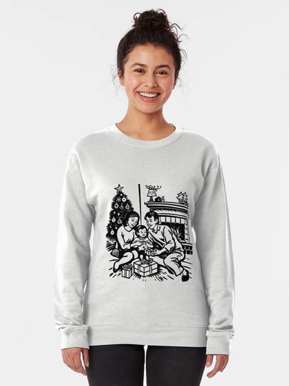 Family Opening Gifts by Fireplace – Nostalgic Christmas Illustration in Black and White